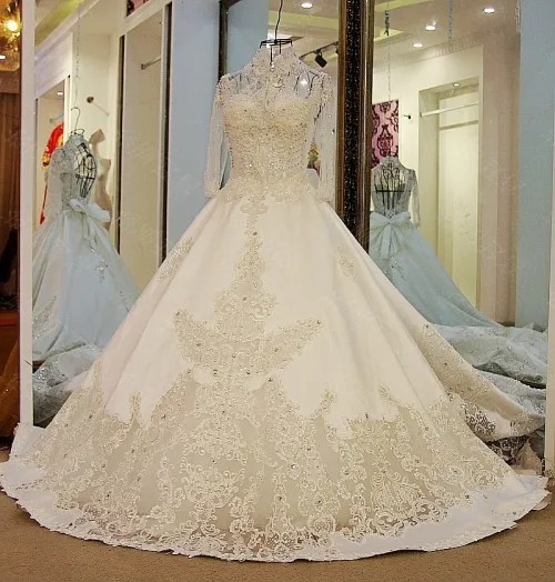 Luxury High Neck Long Sleeves Beaded Crystal Bows Ball Gown Wedding
