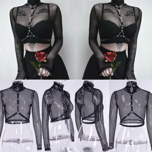 

Sexy Fishnet Top Women's Hollow Out T-Shirt Net Yarn Long Sleeve Evening Club Party Hot Summer Ladies Tops