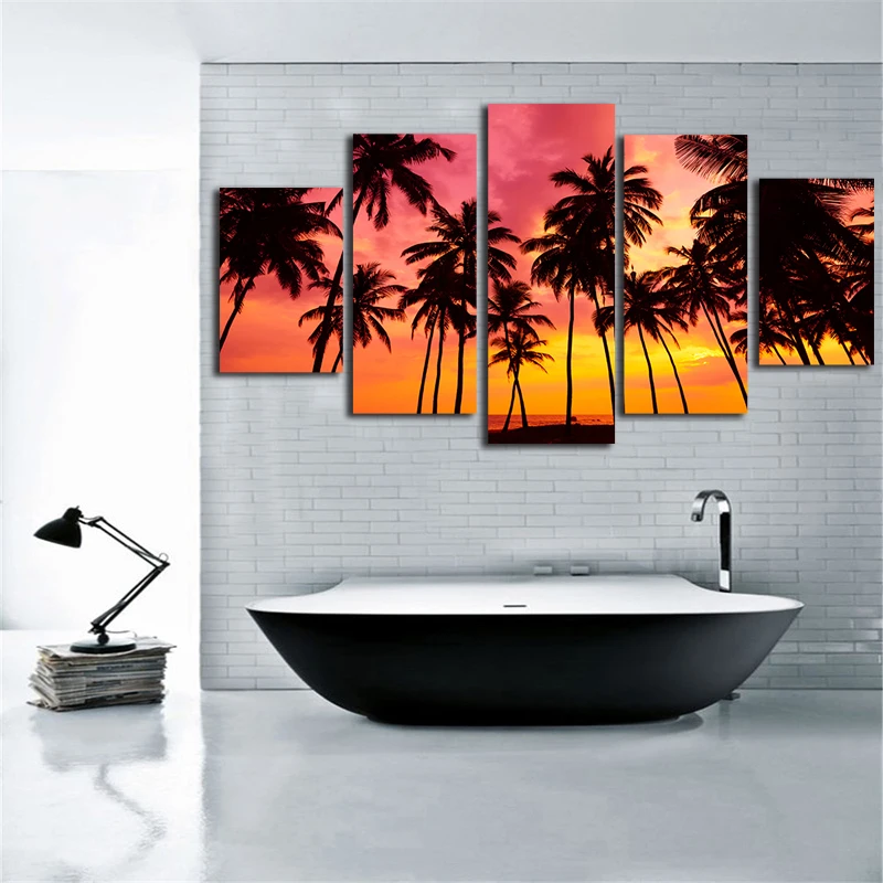 

5 Panel Modern Printed beach tree Painting Picture Cuadros Decoracion Paintings Canvas Wall Art For Living Room Unframed