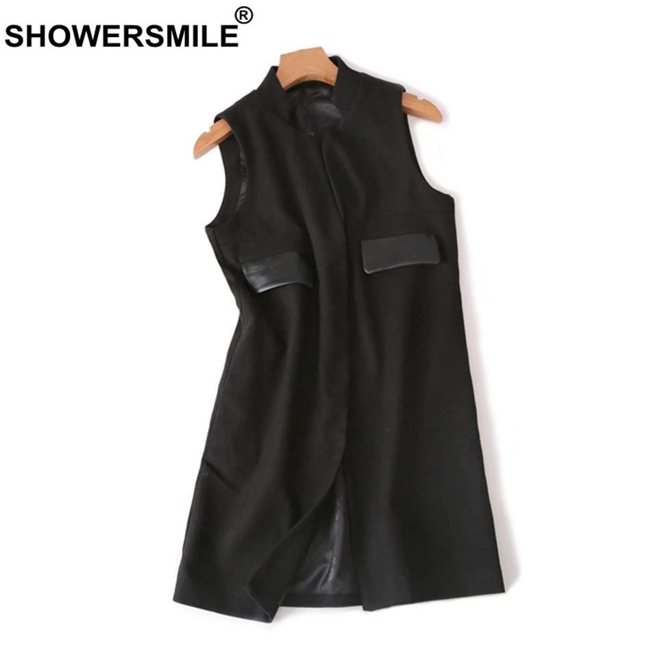 SHOWERSMILE Womens Long Vests Plus Size 3xl Black Waistcoat Female Tweed Leather Pocket Fashion Ladies Spring Sleeveless Jackets