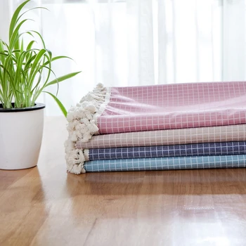 

New Hotel Polyester Cotton Tablecloth Blue Square Plaid Pattern Tassel Dust-proof Table cloth Rectangular Wedding Cover cloth