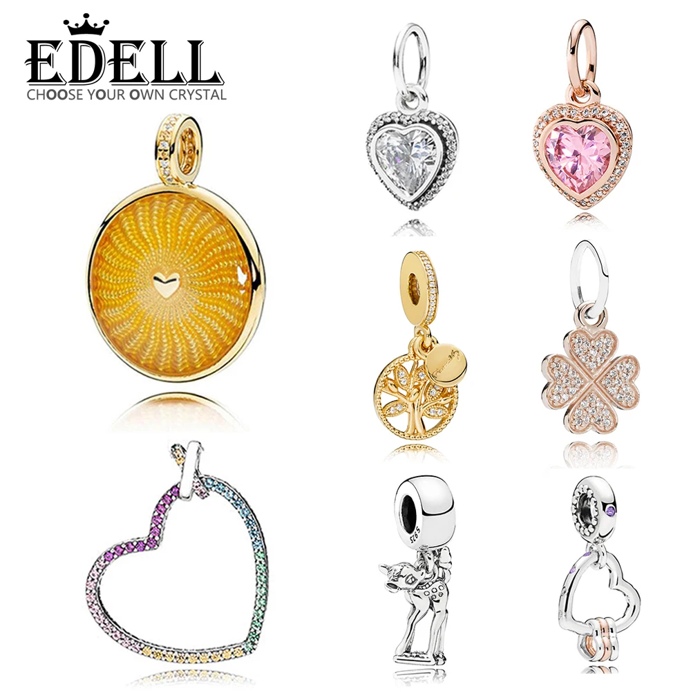 

EDELL 100% 925 Sterling Silver 1:1 Charm Shining Sun Colorful Rainbow Heart 18K Gold Tree of Life Rose Gold Clover Pendant Pan