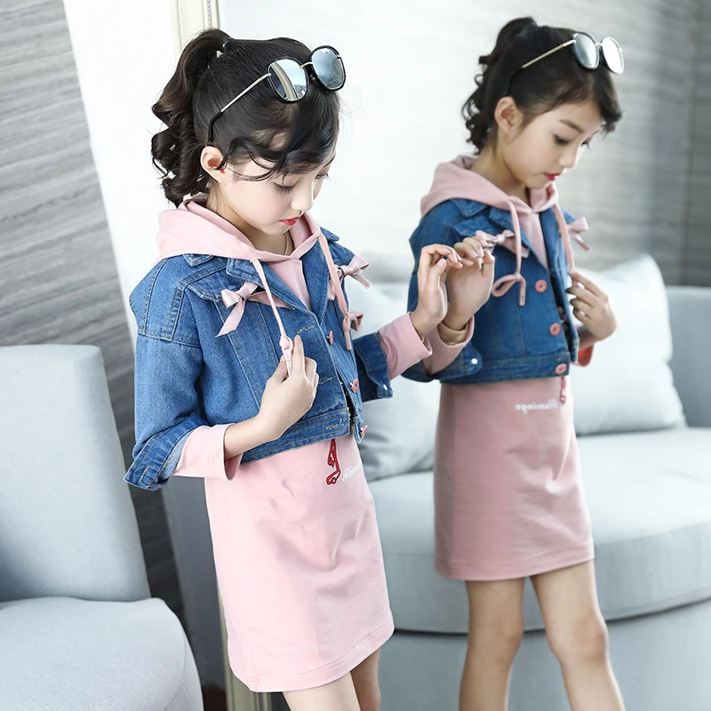 

2018 New Spring fall School Girls Clothing for 6 7 8Y Set Jean Jacket+dress 2pcs Children Girls Denim Suit Kids Clothing Set
