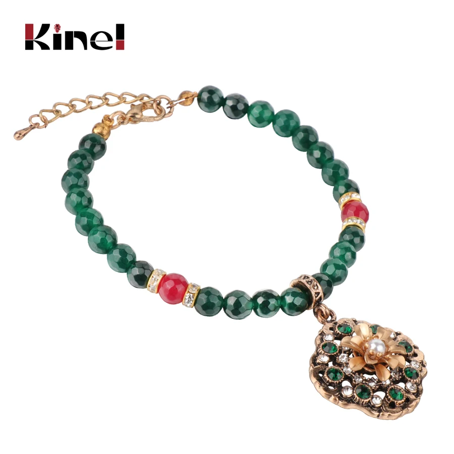 

Kinel Original Design Vintage Natural Stone Bracelet For Women Metal Flower Pearl Charms Bracelets 2019 Femme Fashion Jewelry