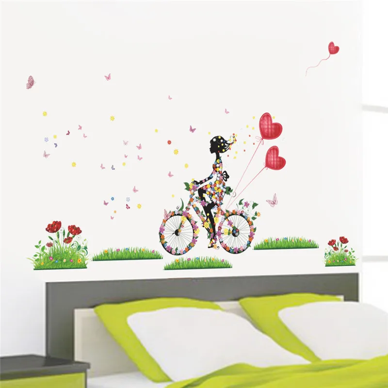 Цветок наклейки на стену Феи для девочек комната Девушка Велоспорт Наклейки на стены Бабочка Цветы Сердце шар искусство домашний декор DIY Фреска