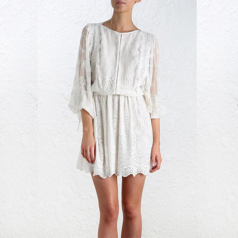 Spring Long Sleeve White Embroidery Lace Mini Dress Backless Cute Mini Lace Short Women Dress