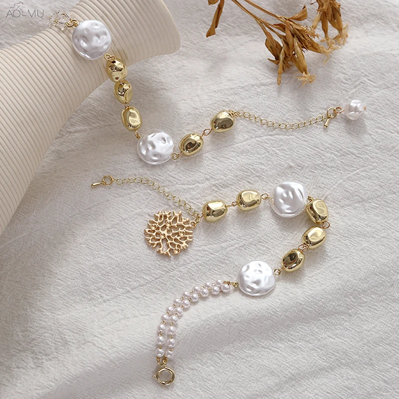

AOMU 2019 New Boho Simulated-Pearl Metal Bead Tassel Hollow Flower Bracelets for Women Charm Fashion Party Bohemia Beach Jewelry