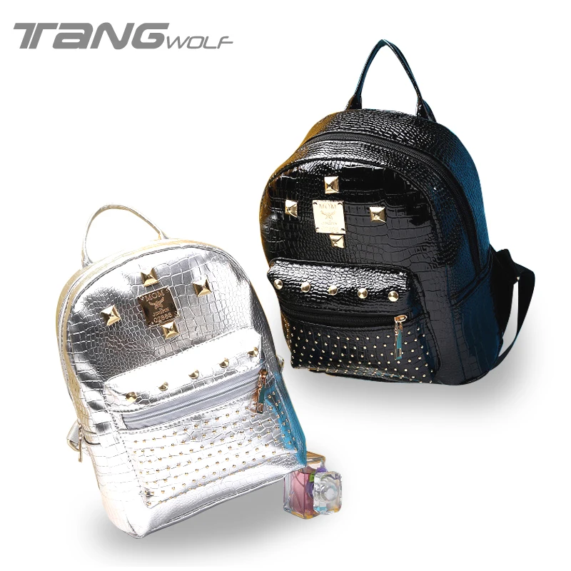Fashion Women s Backpack Alligator Crocodile Leather School Bags For Teenagers Girls Female Rivet Backpacks Mochila