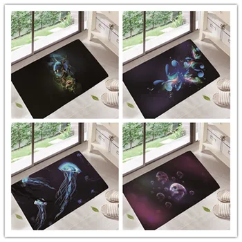 

Magic Glowing Jellyfish Underwater World Doormat Non-woven Fabric Non-slip Bathroom Kitchen Rug Black Floor Mat