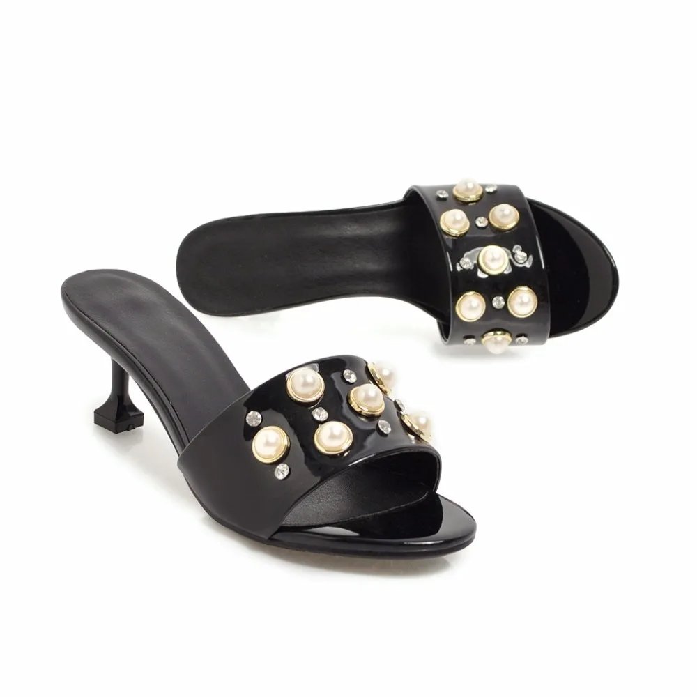 Сланцы женские на высоком каблуке 5 см с жемчужинами и заклепками|slippers for women|slipper