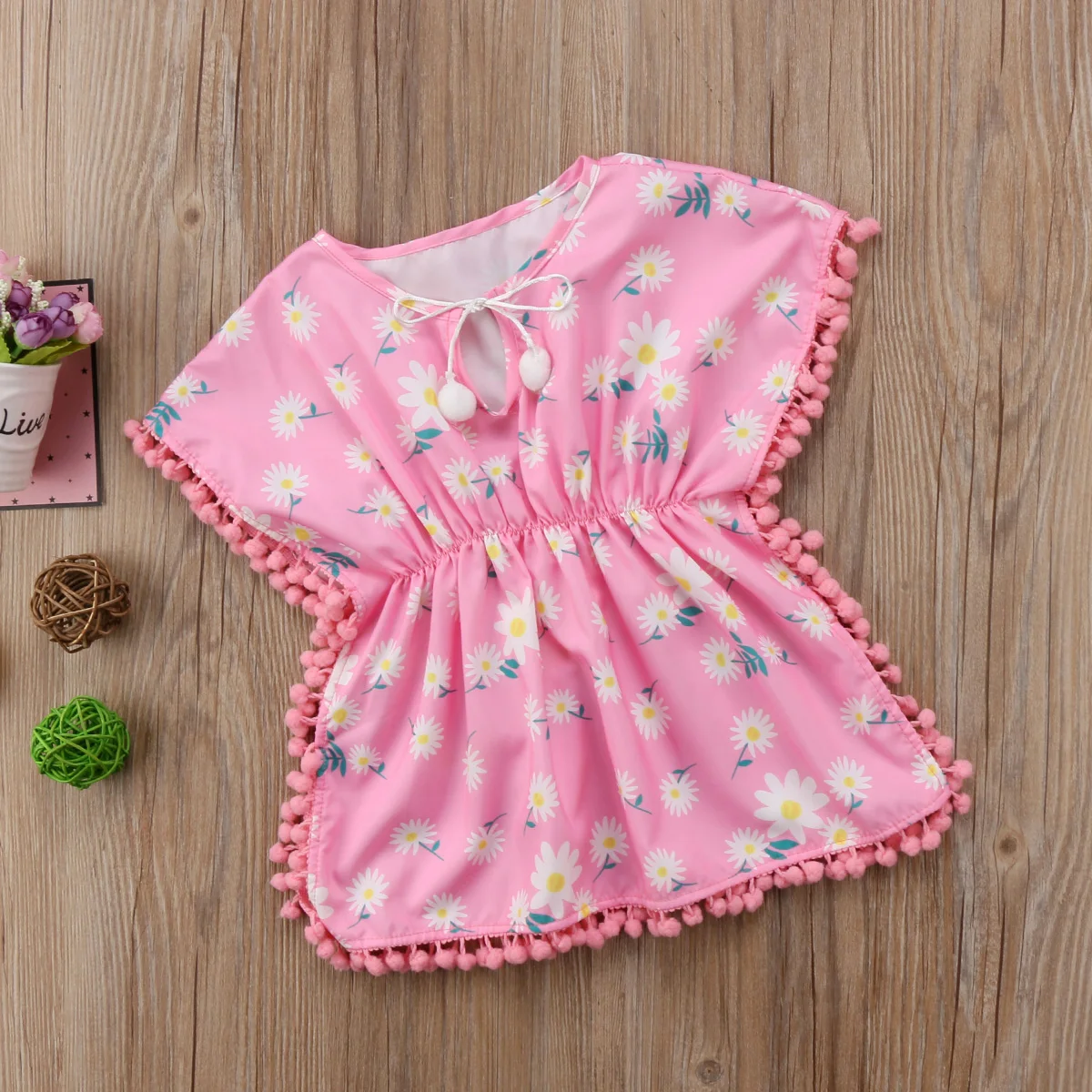 Модное детское платье для маленьких девочек г. пляжное платье с помпонами и цветочным рисунком Сарафан Милая Одежда для маленьких девочек летнее платье