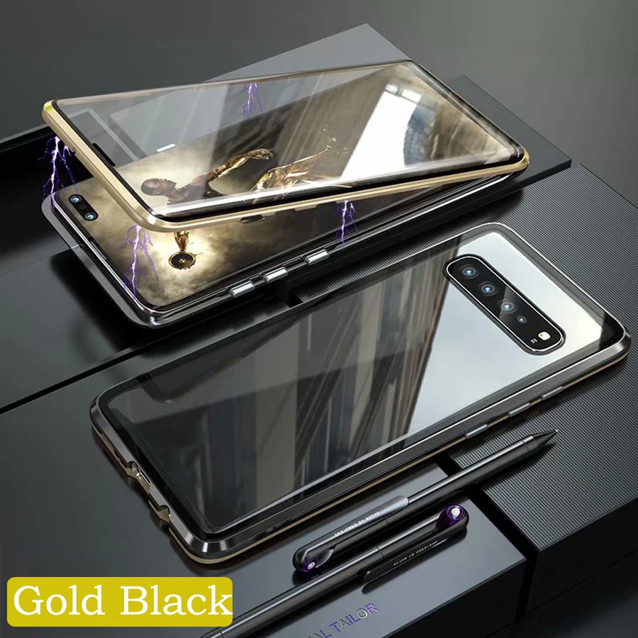 Роскошный металлический чехол с магнитной адсорбцией для samsung S10, 5G, S9, S8 Plus, Note 9, 8, S10e, переднее защитное стекло на весь корпус - Цвет: Gold Black