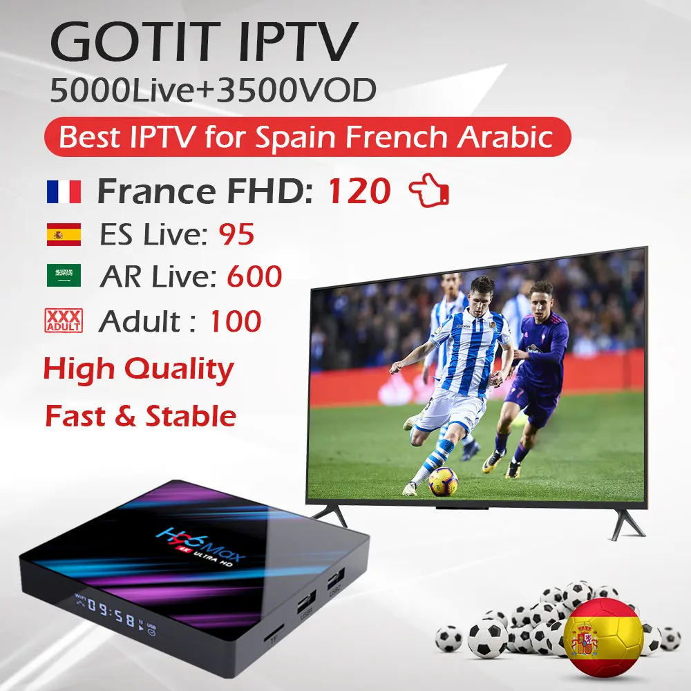 

H96 Max Android 9.0 TV Box+KING IPTV Spain French Arabic IPTV RK3318 Quad-Core 4G/64G 4K Dual Wifi BT4.0 HDMI 2.0 Set Top Box