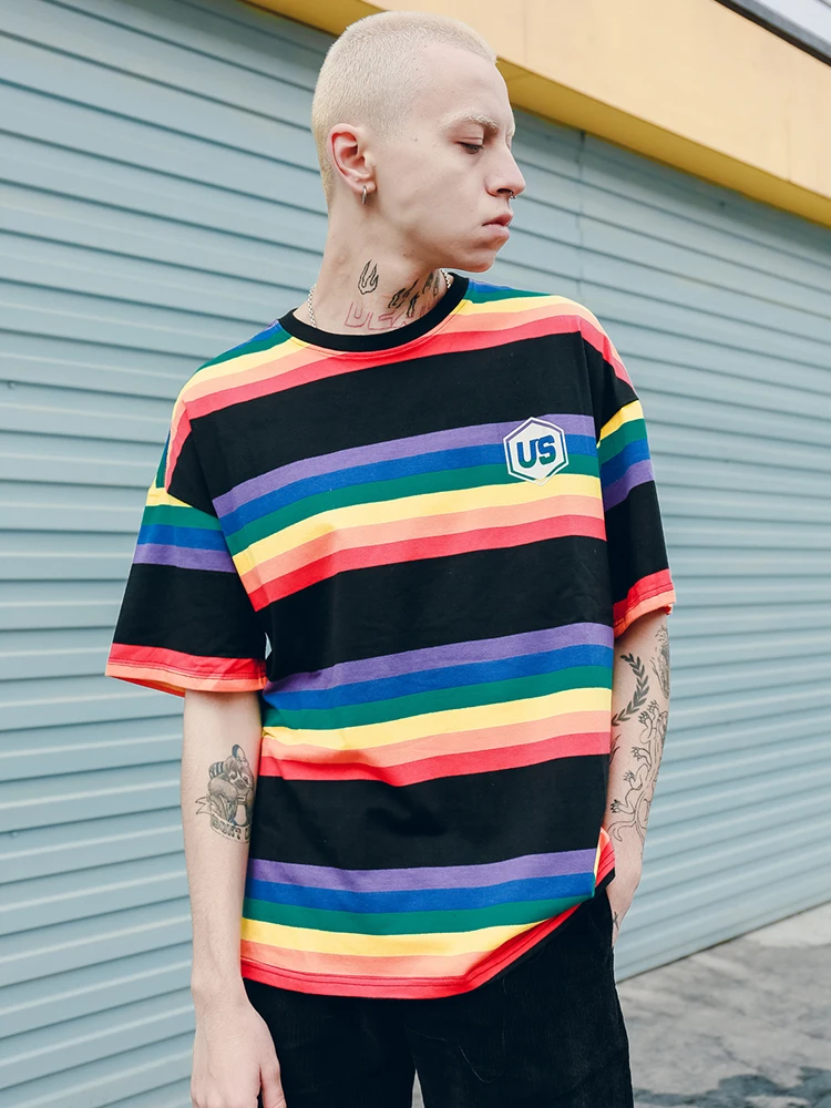 

Dark Icon Rainbow Stripe Tshirt for Men 2019 Summer Round Neck Short Sleeved Tee Shirts Casual Men's T-shirt Man Tops