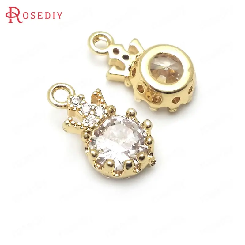 

(36433)10PCS 13x7MM 24K Champagne Gold Color Brass with Zircon with Crown Round Charms Pendants High Quality Jewelry Findings