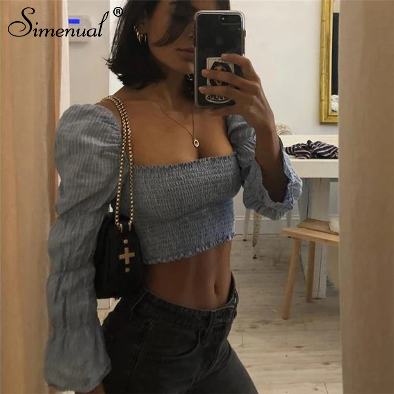 

Simenual Casual Flare Sleeve Blouses Shirts Femme Square Collar Blouses Sexy Vintage Crop Top Striped Ruched Elastic Shirts Hot
