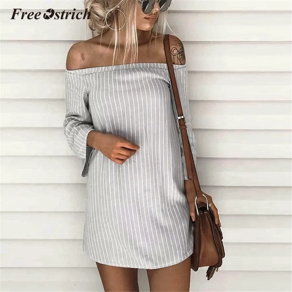 

Free Ostrich Summer T-Shirt Dress Women 2019 Pullover Striped Causal Long Sleeve Slash Neck Off Shoulder Mini Dress Vestidos