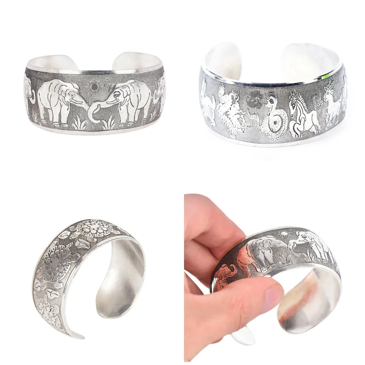 

High Quality Wide Tibet Silver Plated Totem Cuff Bracelets Bangles Beautiful Vintage Elephant Tortoise Printing Bracelets