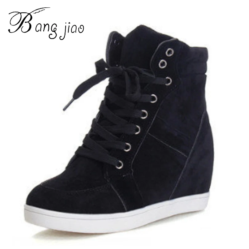 

BANGJIAO 2018 New Women Winter Ankle Boots Wedge Platform Sneakers Woman Boots 8CM Height Increased High Top Botas Feminina
