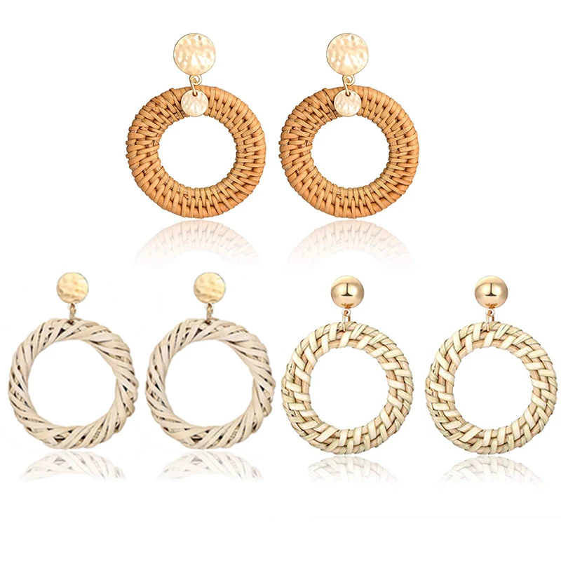 

FYM Multiple style Rattan Earrings Woven Handmade Straw Circle Bohemian Lightweight Stud Earrings for Women