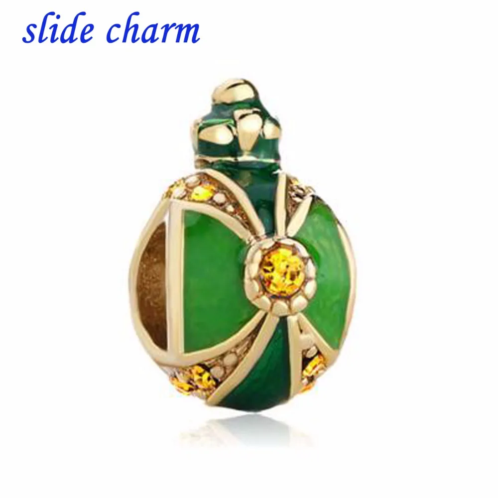 New Slide Charm Spedizione Gratuita Smalto Verde Bollitore Gilt Egg Yellow Crystal Charm Beads Fit Bracciale Pandora
