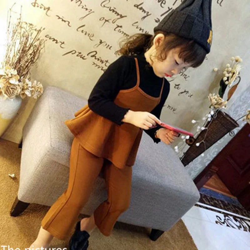 

2-8 Years Kids Clothes for Girls white black false two dress + trousers 2 pc suit Children's Clothing Sets Baby Toddler Set