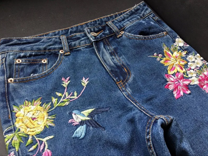 Новый Большие размеры Цветок Птица 3d вышивка джинсы женские Высокая талия джинсовый синий Штаны Весна-осень женщин снизу длинные