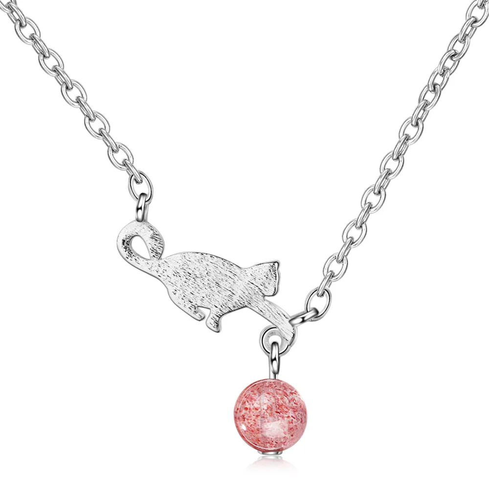 

Fashion Choker Necklaces for Women 925 Silver Strawberry Crystal Cat Charm Pendants Necklace Statement Jewelry Gifts dz783
