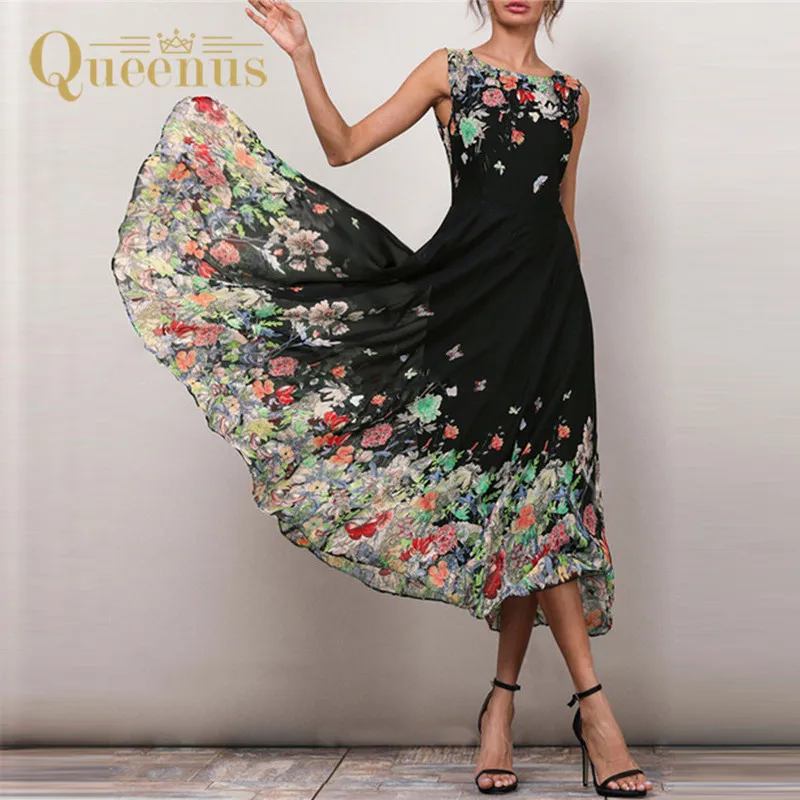 

Vintage Floral Dress Women's Sleeveless Contrast Color Pleated mid calf Dress sarafan female 2019 fashion high waist Retro dress