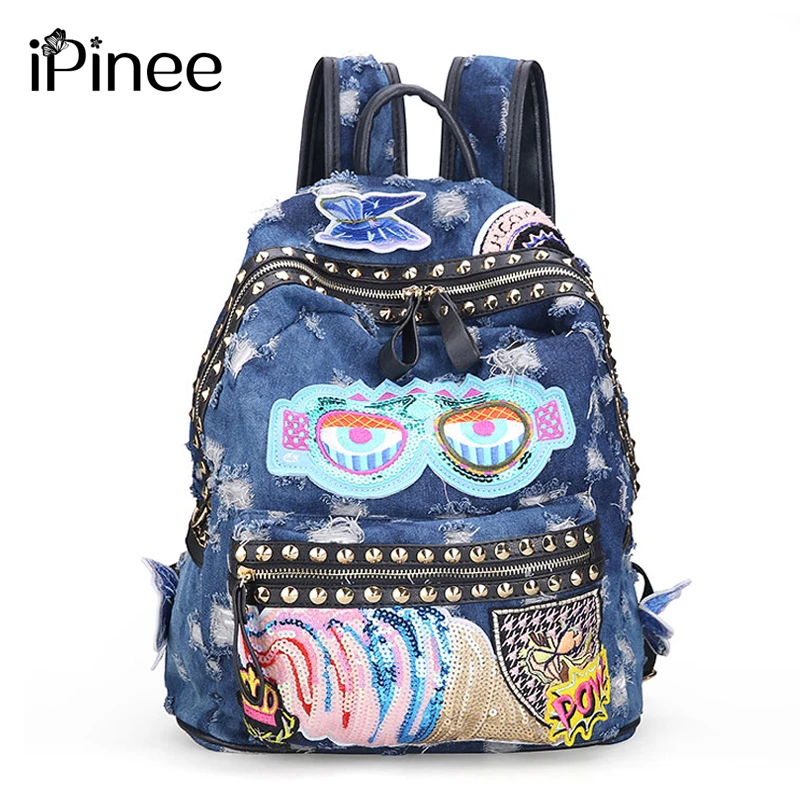 iPinee Women s Denim Backpacks School Bags For Women Teenager Girls Shoulder Bag Large Travel Rucksack