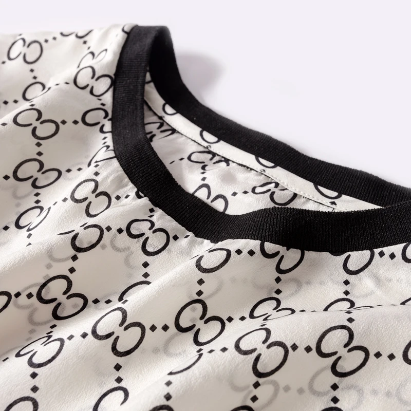 Женская футболка из натурального шелка, креповая футболка с буквенным принтом, повседневная трикотажная футболка с круглым вырезом, летний топ