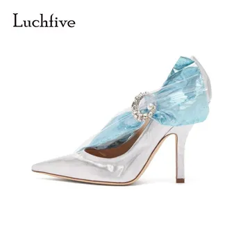 

Transparent PVC Covered Pumps Eleglant Pointed Toe Stiletto Heel Crystal Embellished Buckle Dress Shoes Silver High Heels Women