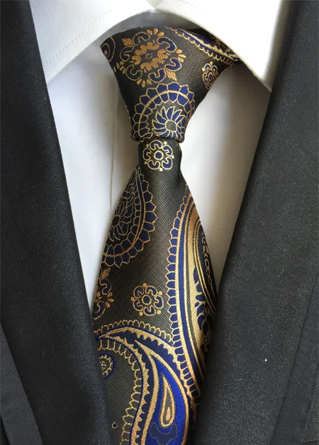 Tie Top Designer 8cm Men Formal Necktie SET with Handkerchief Luxury Royal Blue Golden Paisley Grav