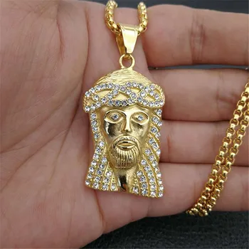 

Hip Hop Men's Necklace Male Stainless Steel Iced Out Bling Jesus Head Pendant & Chains For Men/Women Jewelry