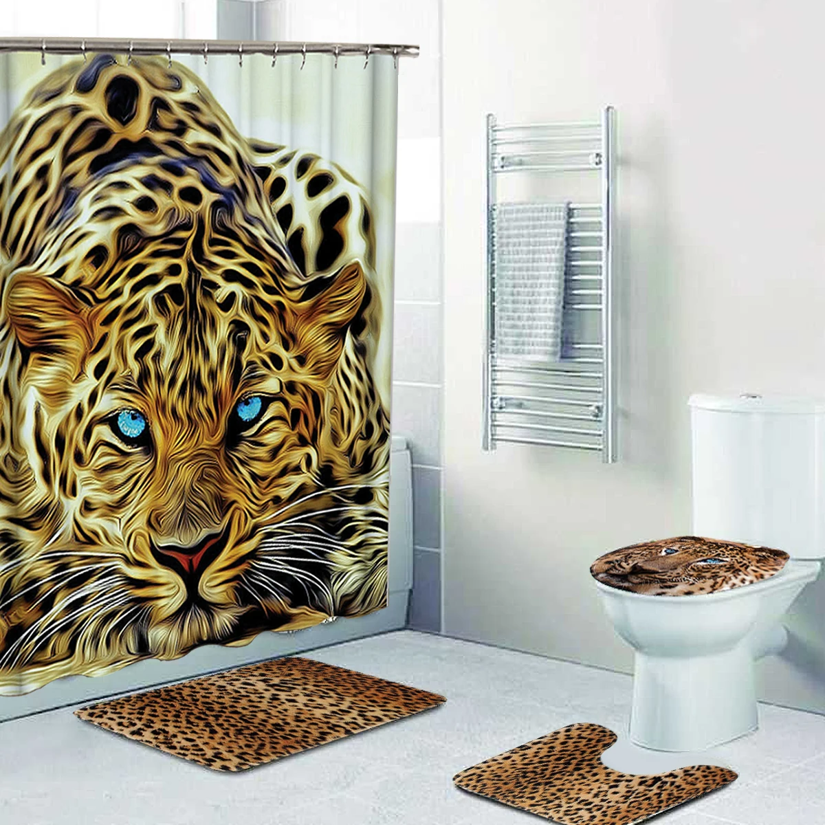 

4Pcs Pattern Leopard Bathroom Mat + Shower Curtain w/12xHooks Pedestal Toilet Seat Mat+Lid+Bath Mat Non Slip Floor Decor Carpet