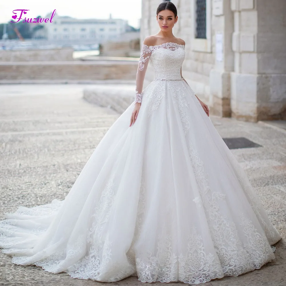 Fsuzwel Gorgeous Appliques Long Sleeve Boat Neck A-Line Wedding Dress 2020 Luxury Sashes Beaded Princess Wedding Gowns Plus Size