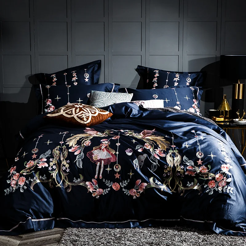 

2018 Luxury embroidery Bedding Set queen king size bed set Bedsheets bed linen dark blue Duvet cover set 4/6pcs