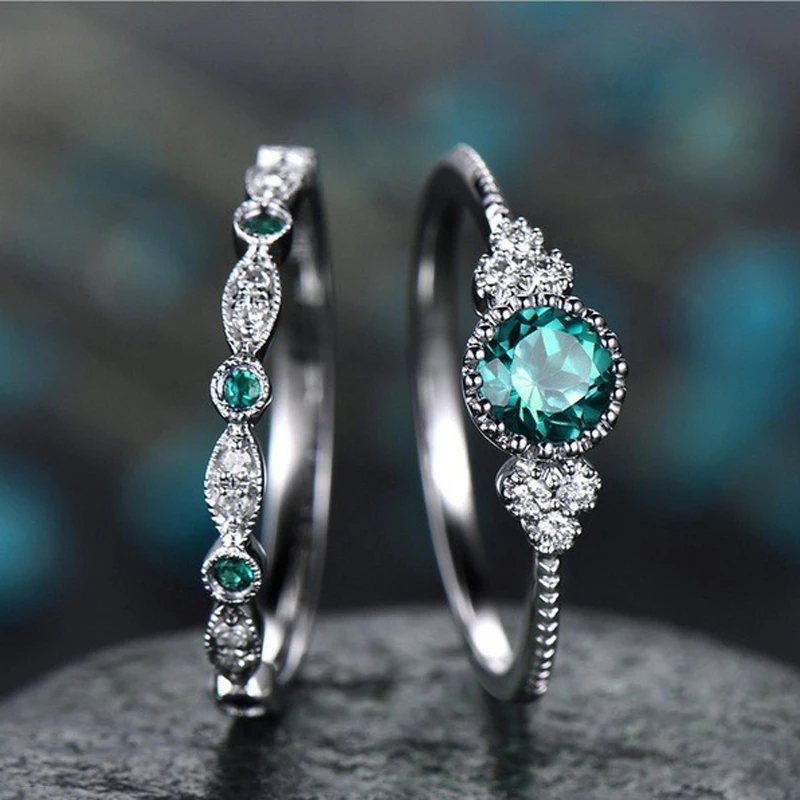 

Best Selling Elegant Blue/Green Round Zircon Ring for Women Fashion Chic Engagement Wedding Rings Set Women Party Jewelry bague