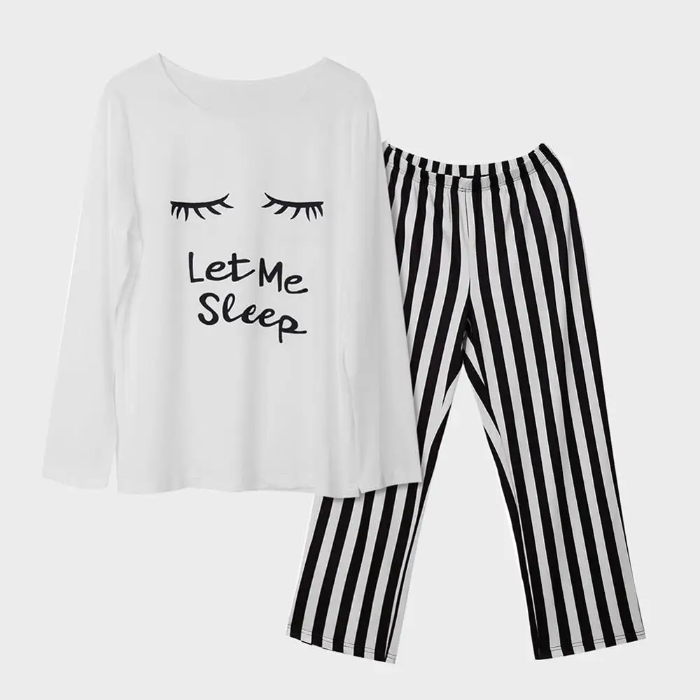 

2019 Women Pajamas Sets Spring Autumn Long Sleeve Round Neck Trousers Striped Two-Piece Pajamas Leisure Home Clothe