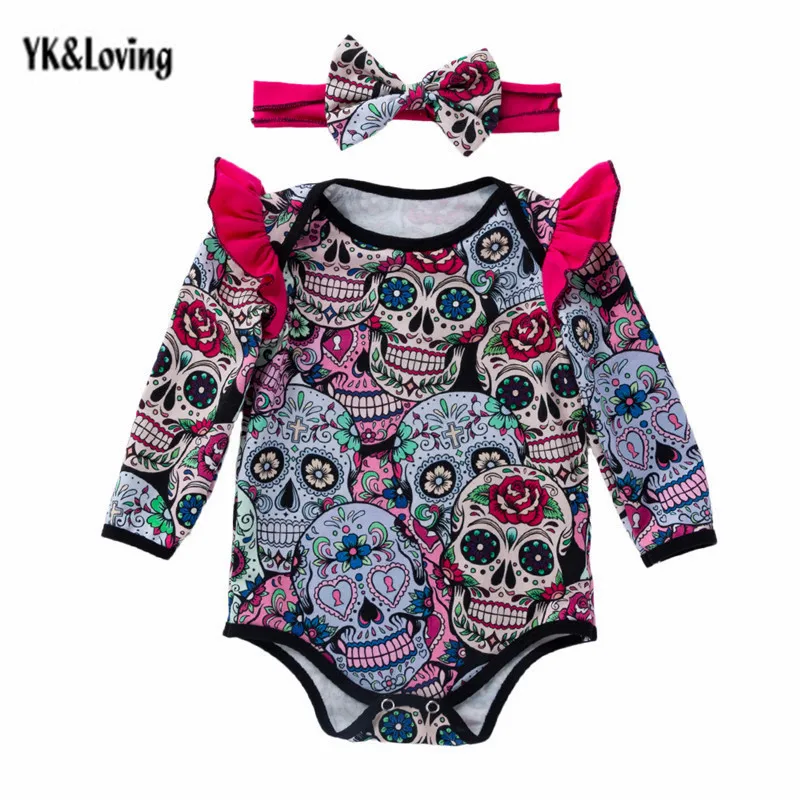 

Baby Girl Bodysuit Halloween Puffle Shoulder Skull Printed Infant Clothing With Headband Long Sleeve Toddler Clothes 0-2Y