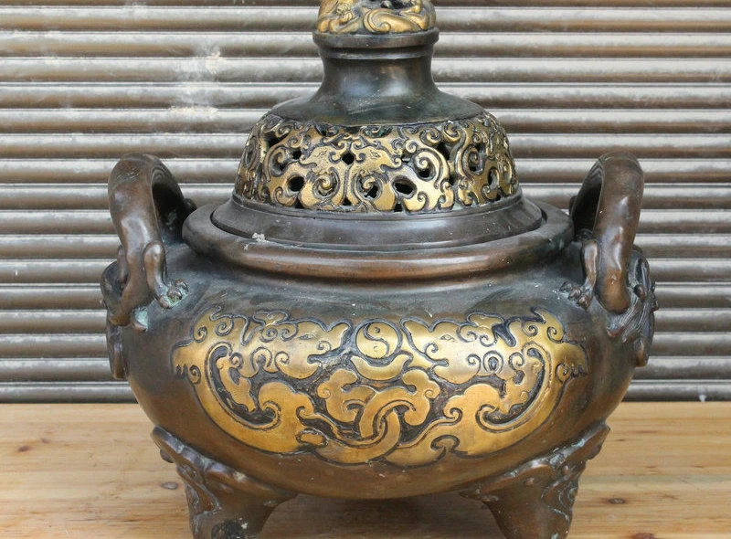 

16" Marked Chin Bronze Gilt Dragon Phoenix Beast Statue Incense Burner Censer