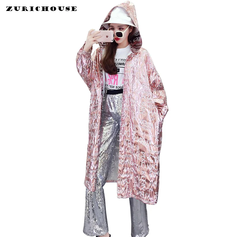 

Streetwear Fashion Large Size Women Trench Coat 2019 New Harajuku Style Print Hooded Long Overcoat Female Sun Protection Coat