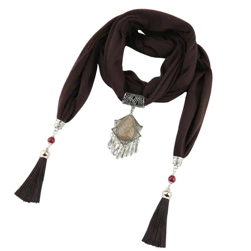 Модный кисточкой Кулон леди шифон шарф-ожерелье, ювелирные изделия платок на голову - Цвет: Темно-коричневый