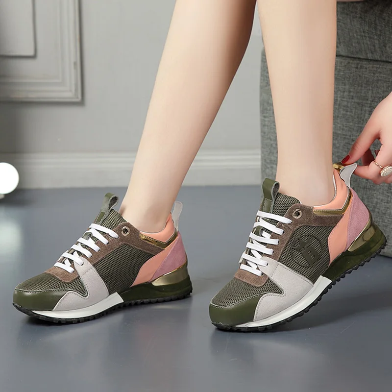Red Pink Mix Color Lace Up Women Sneakers Mesh Leather Patchwork Run