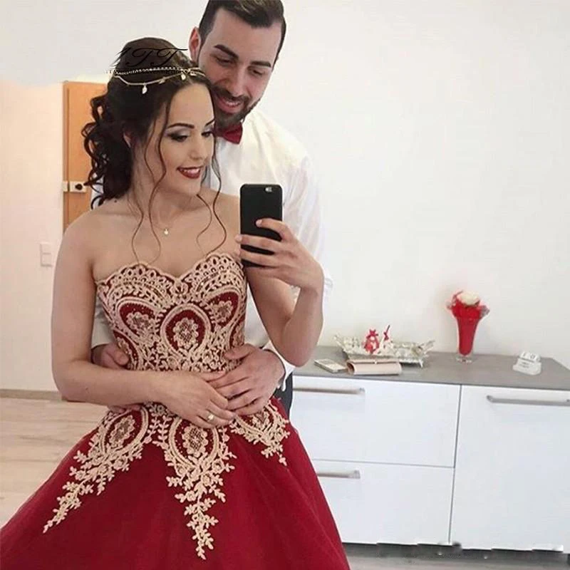 Robe De Soiree Ball Gown Sweetheart Dark Red Wedding Dresses Gold