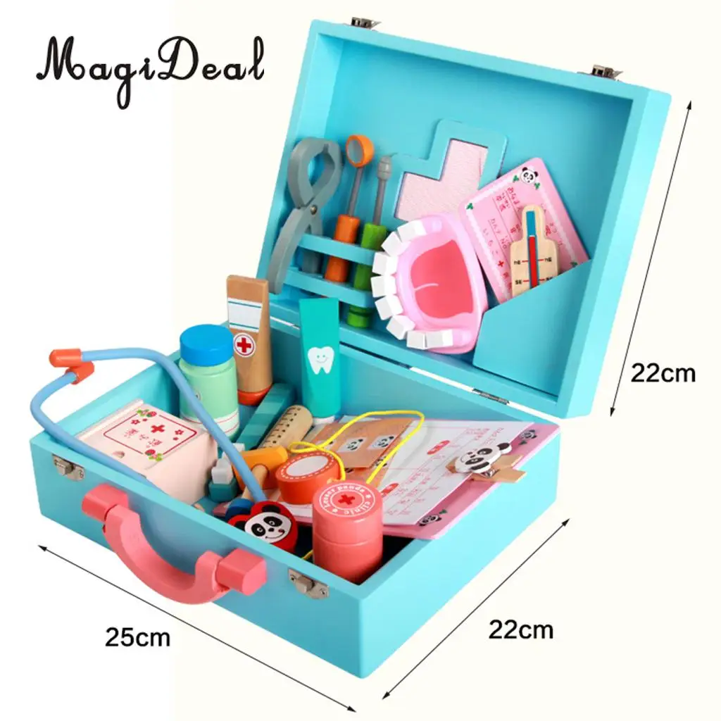 30PCS Wooden Medical Kits Box Tools Tablets Carry Case Doctor Nurse Pretend Role Playing Set Kids Educational Toy