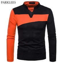 Креативная Мужская рубашка поло с v-образным вырезом контрастного цвета со стоячим воротником, мужские повседневные приталенные рубашки с длинным рукавом, мужские топы