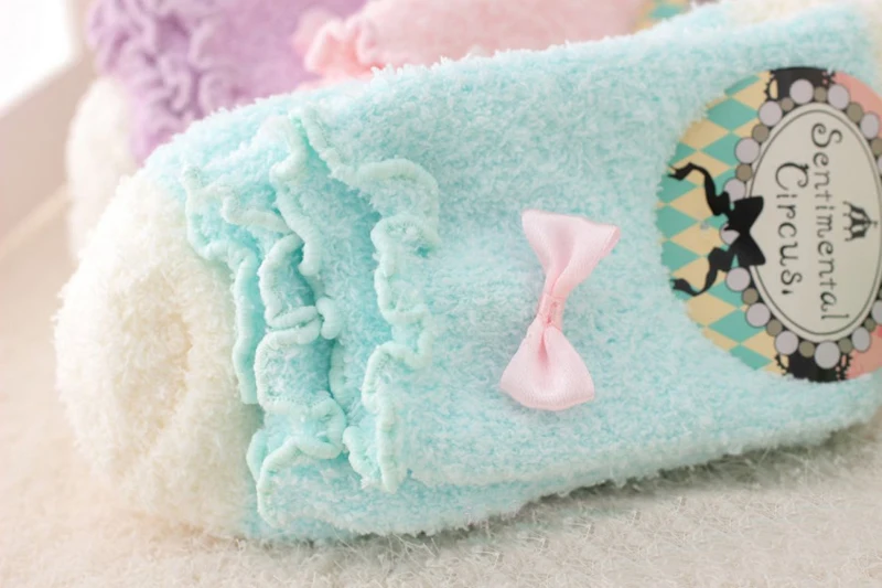 1 Pair Women Warm Socks Candy Color Solid Soft Women Girls Fluffy Socks with Bows Coral Velvet For Princess Holiday Birthday Gifts5