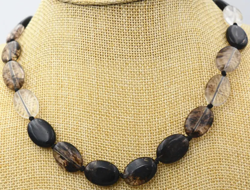 

FREE SHIPPING>>>@@ 13x18mm natural Black tourmaline Flat Oval Beads Necklace 18 " WW