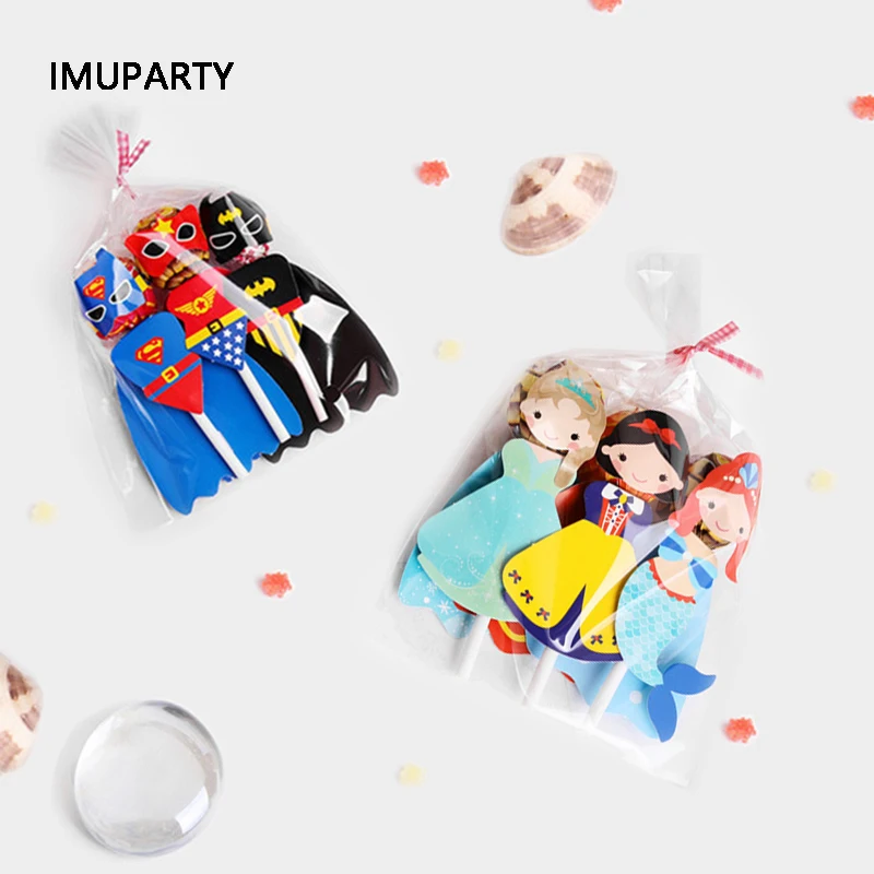 16packs Super Hero Princess Cartoon Candy Lollipop Decoration Cards with Bags For Kids Birthday Party Supplies Gift Accessories